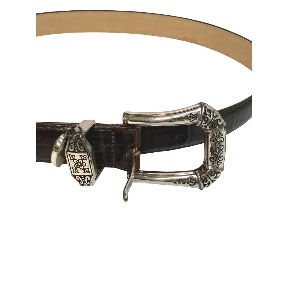 Brighton Brown Croco Embossed Leather Belt Silver Engraved Filigree Buckle VTG